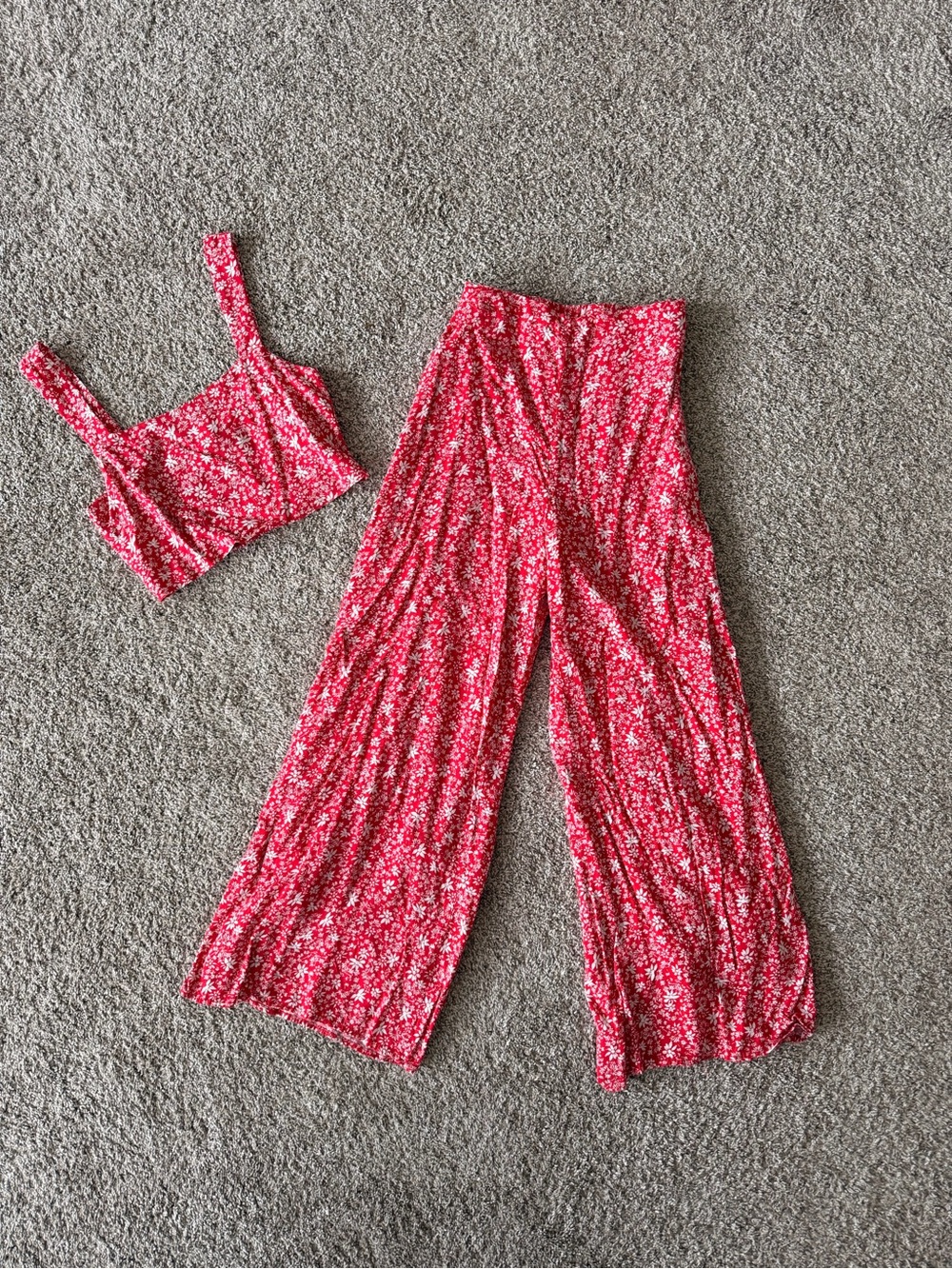 Red Floral Wide-Leg Pants Set - Women's Two-Piece Outfit